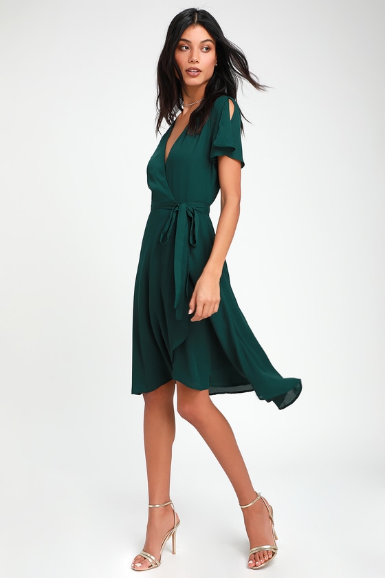 Lovely Emerald Green Wrap Dress - Midi ...